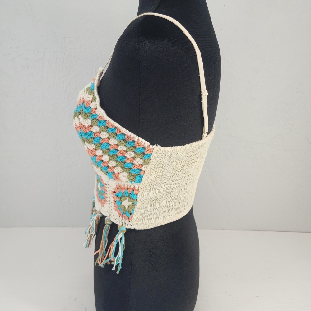 NWT Handmade Medium | Crochet Fringe Boho Festival Crop Top Cream Multi - Picture 2 of 7